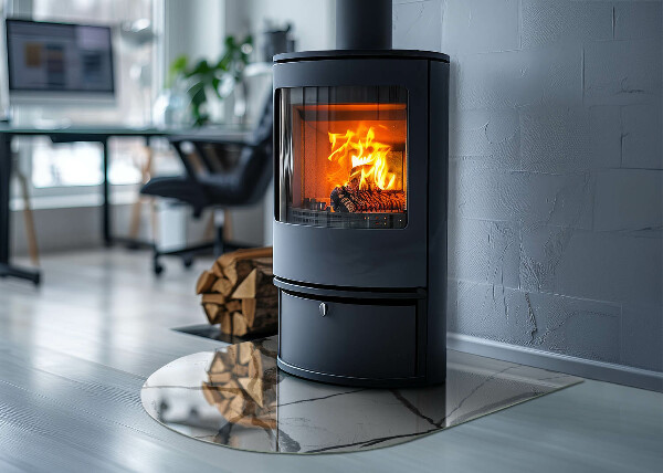 Halfronde plaat voor onder houtkachel Marmeraders in een elegante stijl