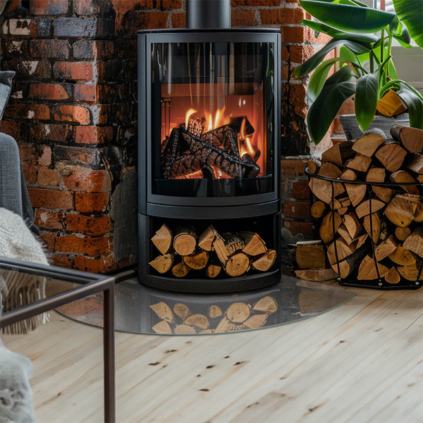 Kwartcirkel onderplaat kachel Betonconstructie met effect