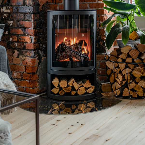 Kwartcirkel vloerplaat voor houtkachel Marmerlook met subtiele adering.