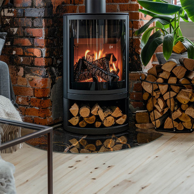 Kwartcirkel vloerplaat voor houtkachel Marmerlook met subtiele adering.