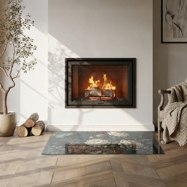 Plaat voor onder kachel Vlinders tegen een achtergrond van bloemen