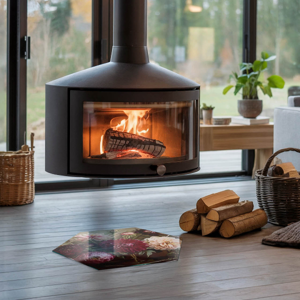 Zeshoekige plaat onder houtkachel Bloemdetails in volle bloei.