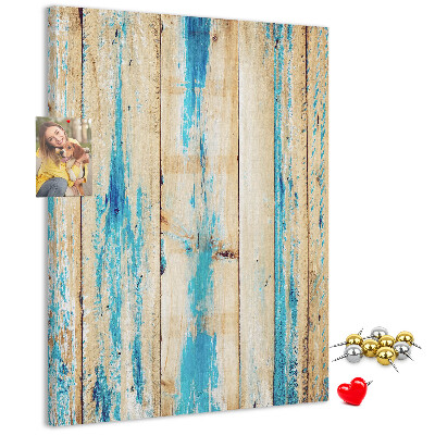 Kurken prikbord oud houten paneel met blauwe accenten