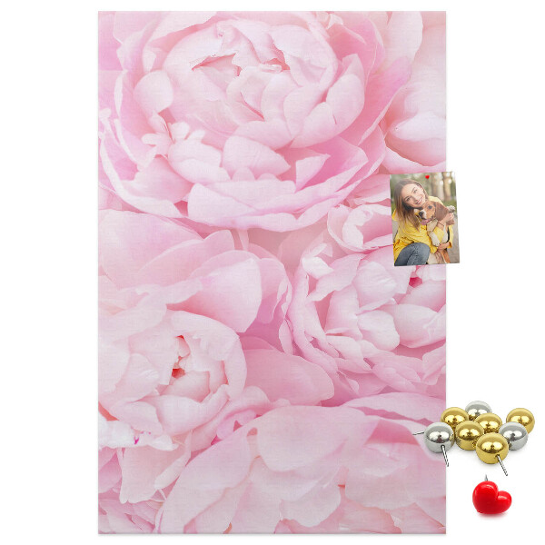 Memobord van kurk met een print van roze pioenrozen in volle bloei