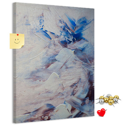Kurken memobord met abstracte blauw-witte verfspatten