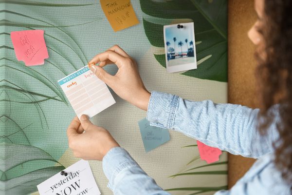 Kurken prikbord met een ontwerp van palmbladeren op een pastelkleurige achtergrond