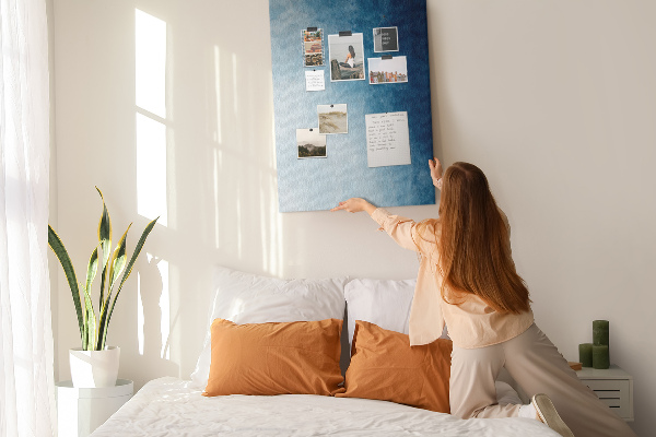 Kurken prikbord met een fijn geweven patroon in verschillende blauwtinten