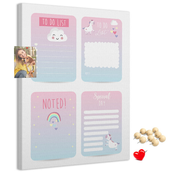 Kurken memobord kleurrijke notitieboekjes met eenhoornmotief
