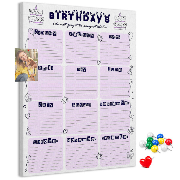 Kurken memobord verjaardagskalender met kleurrijke ballonnen