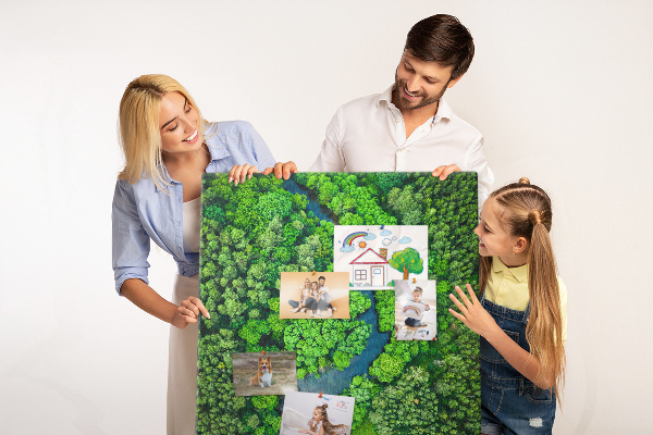 Kurken prikbord met een groen landschap met een kronkelende rivier