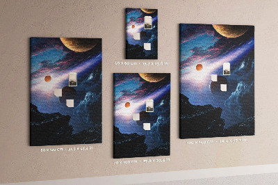 Kurken prikbord met ruimtelandschap met planeten en wolken