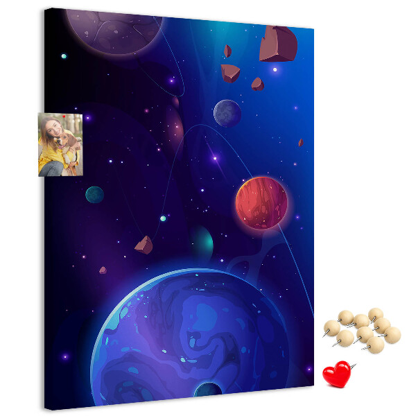 Prikbord van kurk met een ruimtelandschap met planeten en asteroïden