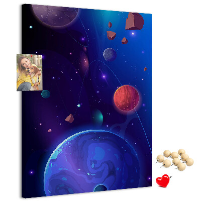 Prikbord van kurk met een ruimtelandschap met planeten en asteroïden