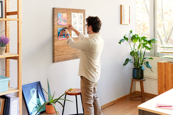 Kurken prikbord met een natuurlijke houten uitstraling in warme tinten