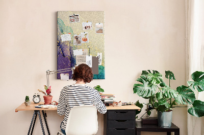 Kurken prikbord met abstract patroon en paarse accenten
