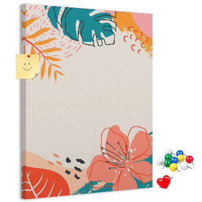 Kurken memobord met een print van tropische bladeren en bloemen in pasteltinten