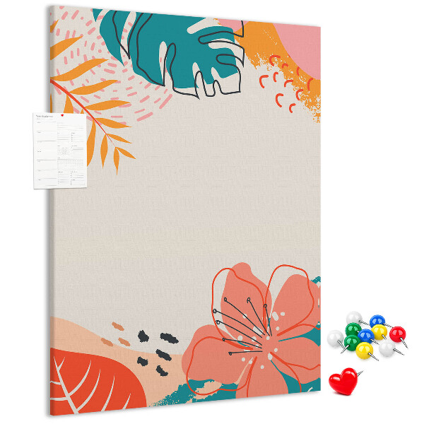 Kurken memobord met een print van tropische bladeren en bloemen in pasteltinten
