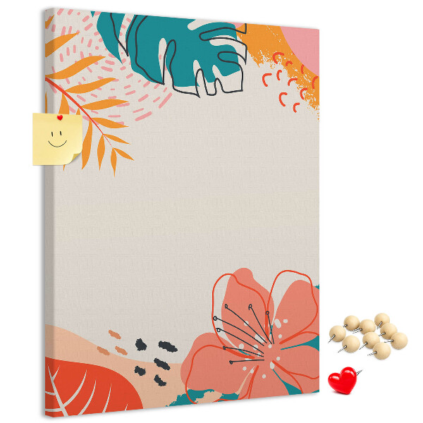 Kurken memobord met een print van tropische bladeren en bloemen in pasteltinten