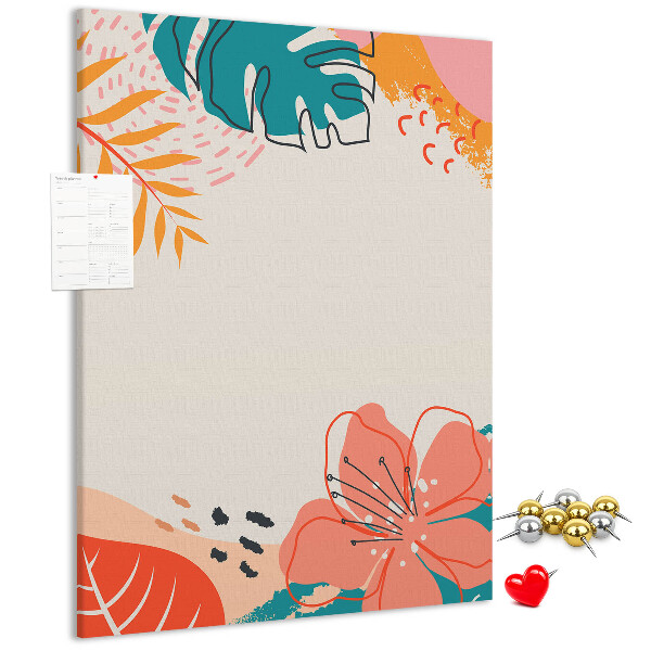 Kurken memobord met een print van tropische bladeren en bloemen in pasteltinten