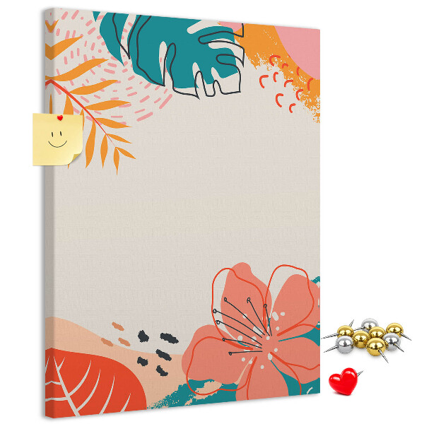 Kurken memobord met een print van tropische bladeren en bloemen in pasteltinten