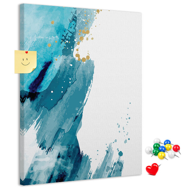 Prikbord van kurk met een abstract ontwerp in blauwtinten met gouden accenten