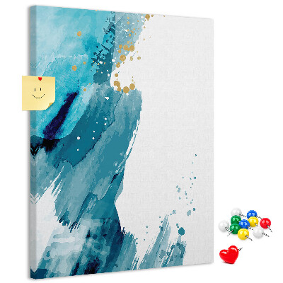 Prikbord van kurk met een abstract ontwerp in blauwtinten met gouden accenten