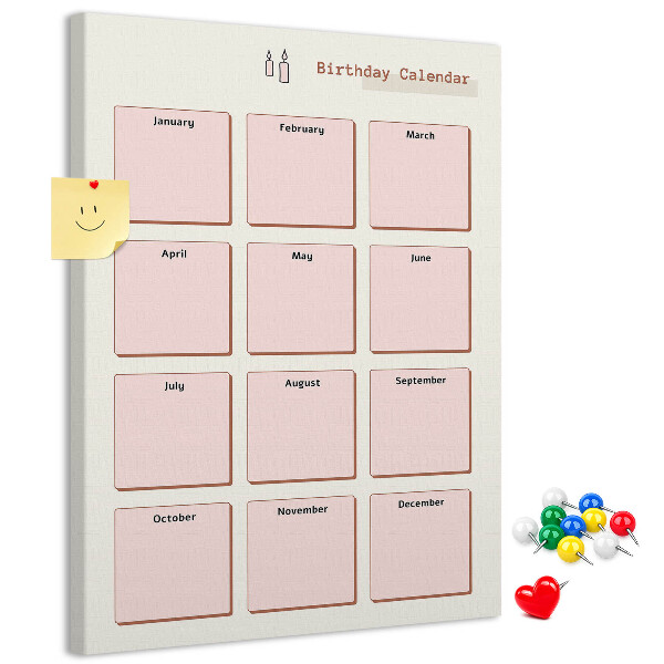 Prikbord van kurk verjaardagskalender met ruimte voor notities