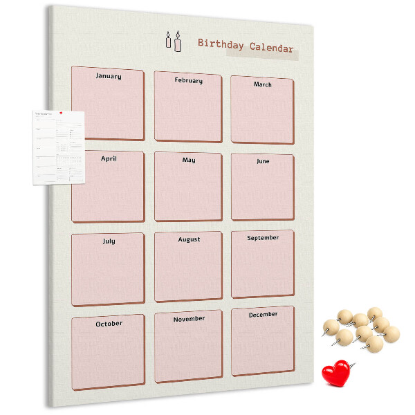 Prikbord van kurk verjaardagskalender met ruimte voor notities