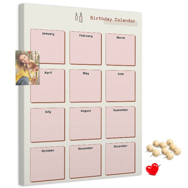 Prikbord van kurk verjaardagskalender met ruimte voor notities