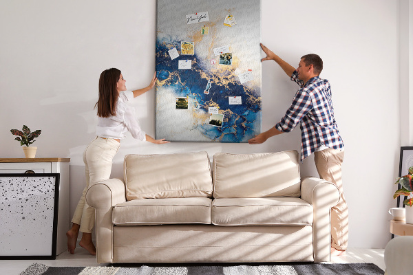 Memobord van kurk met abstract patroon in blauwe tinten