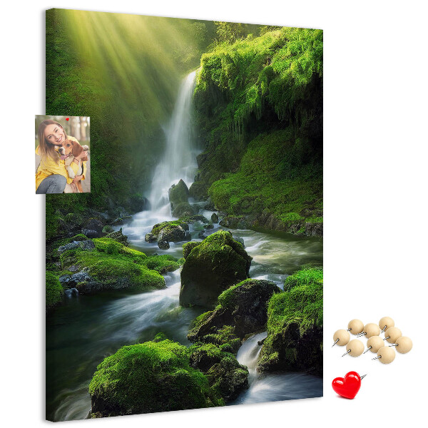 Prikbord van kurk met afbeelding van een groene vallei met waterval en beekje