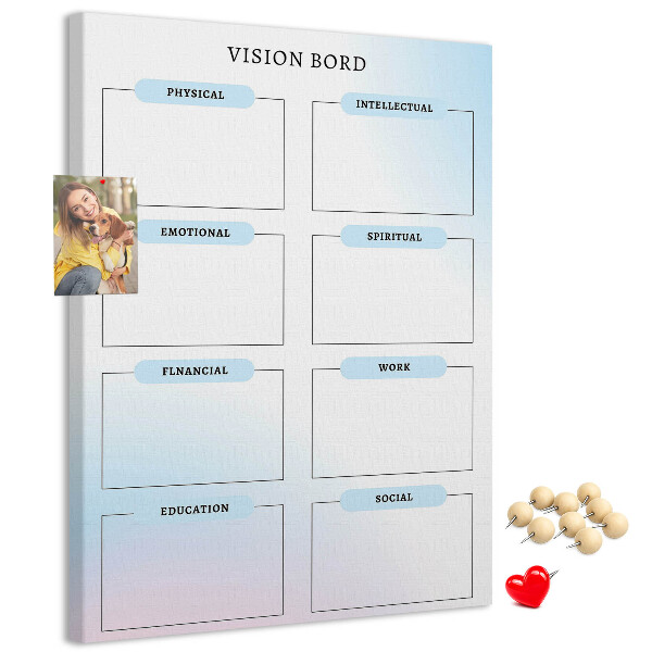 Kurken prikbord visionboard met categorieën voor persoonlijke ontwikkeling