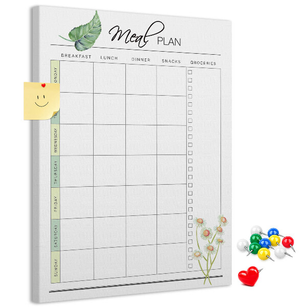 Kurken memobord met bloemenprint voor maaltijdplanning