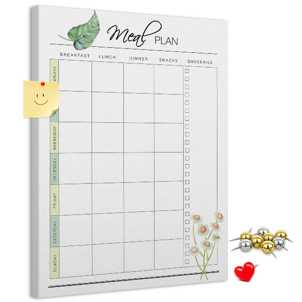 Kurken memobord met bloemenprint voor maaltijdplanning