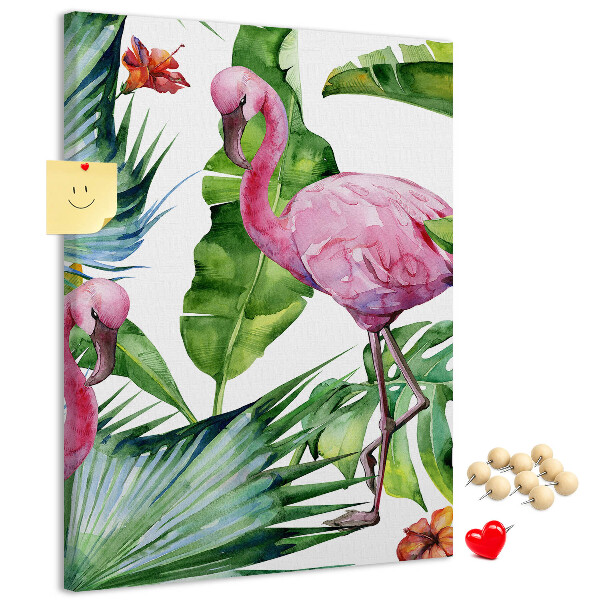 Prikbord van kurk met vrolijke flamingo's in een tropische omgeving
