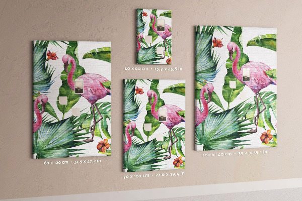 Prikbord van kurk met vrolijke flamingo's in een tropische omgeving