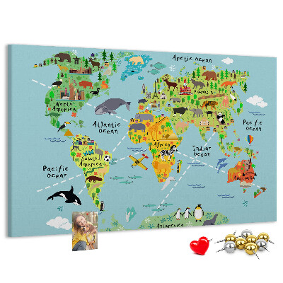 Kurkbord kleurrijke wereldkaart met dieren en continenten