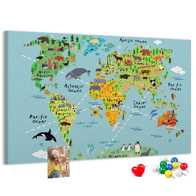 Kurkbord kleurrijke wereldkaart met dieren en continenten
