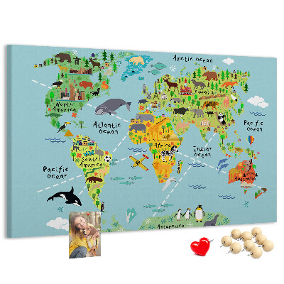 Kurkbord kleurrijke wereldkaart met dieren en continenten