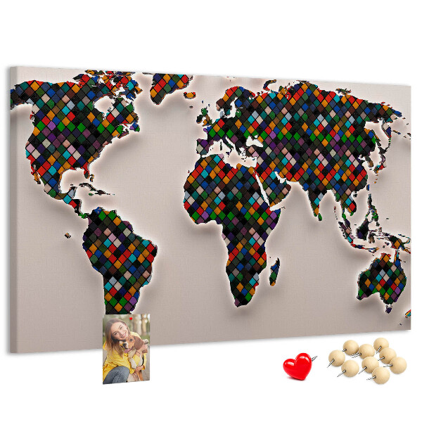 Prikbord gekleurde wereldkaart met vakjes
