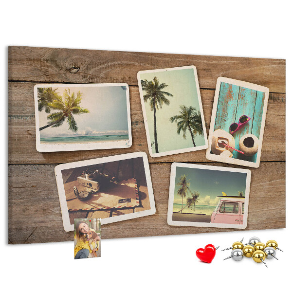 Kurkbord met souvenirfoto's van een tropische vakantie