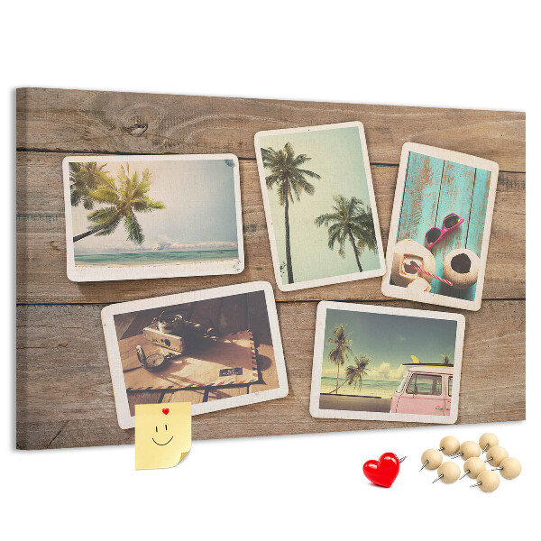 Kurkbord met souvenirfoto's van een tropische vakantie