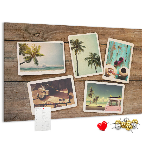 Kurkbord met souvenirfoto's van een tropische vakantie