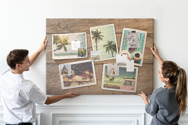 Kurkbord met souvenirfoto's van een tropische vakantie