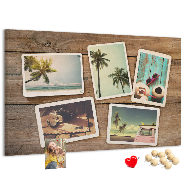 Kurkbord met souvenirfoto's van een tropische vakantie