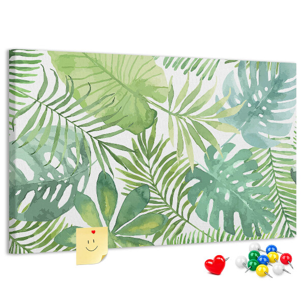 Kurken prikbord met aquarelprint van tropische groene bladeren