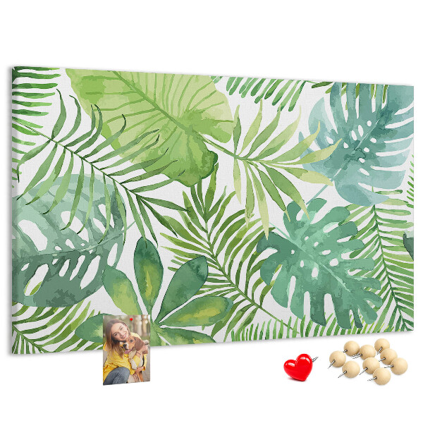 Kurken prikbord met aquarelprint van tropische groene bladeren