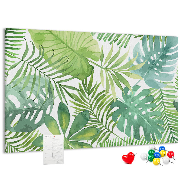 Kurken prikbord met aquarelprint van tropische groene bladeren