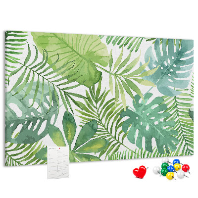 Kurken prikbord met aquarelprint van tropische groene bladeren