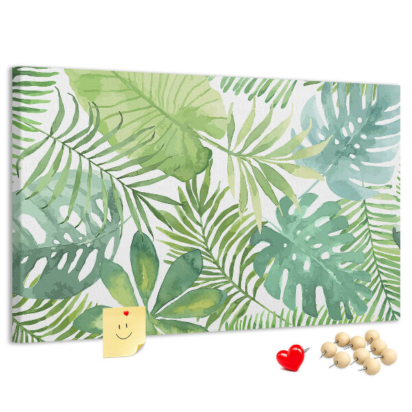 Kurken prikbord met aquarelprint van tropische groene bladeren